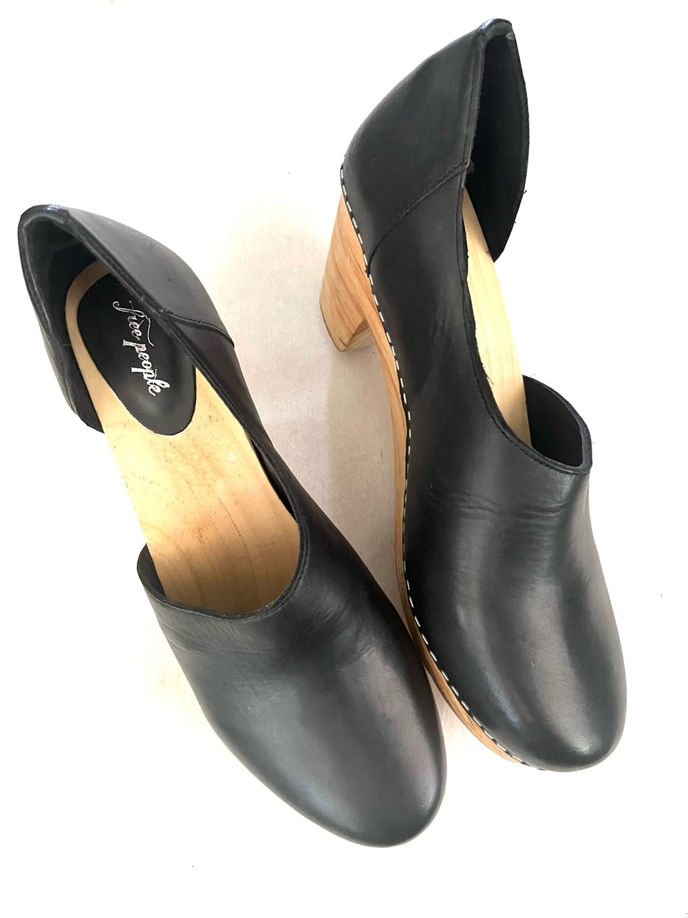 Free People Black Leather Slip-On Clogs with Wood Block Heel